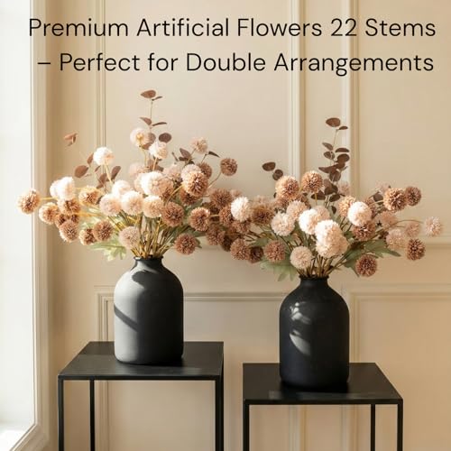 22pcs Artificial Beige & Brown Kiku Flowers with Eucalyptus Stems Bulk, Faux Silk Mum Pom Poms for Vase, Modern Farmhouse Boho Home Decor, Realistic Floral Centerpiece for Kitchen & Living Room - color: Beige & Brown