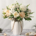 Peonies Artificial Flowers in Vase, Fake Hydrangea Silk Peony Flower Bouquet with Vase Faux Flowers Arrangement Decor Home Table Dining Room (White) - color: White