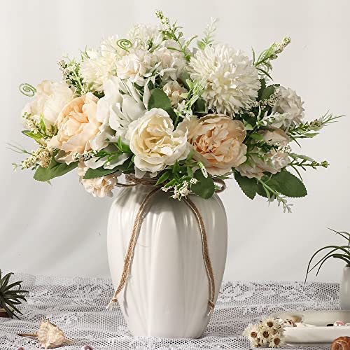 Peonies Artificial Flowers in Vase, Fake Hydrangea Silk Peony Flower Bouquet with Vase Faux Flowers Arrangement Decor Home Table Dining Room (White) - color: White