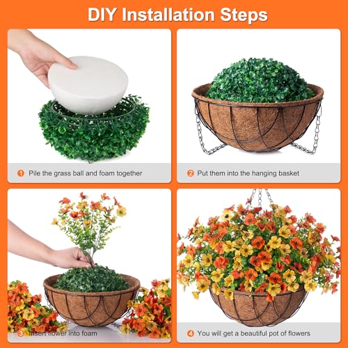 Fake Mums Artificial Fall Flowers with Hanging Baskets Outdoors for Decoration Faux mums for outdoor planters Daisy Flower with Eucalyptus Leaves for Porch Home Patio Balcony and Yard Autumn Decor - color: Yellow Orange