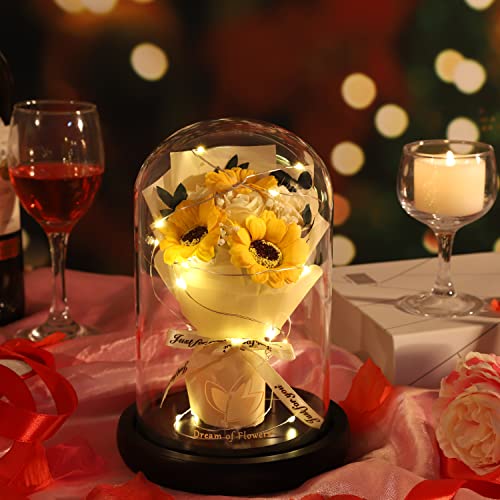 Rose Gifts for Mom,Flower Rose in Glass Dome with 2 Lighting Mode,Sunflower Gifts for Mother,Artificial Forever Flowers Xmas Birthday Gifts for Women Mom Wife Girlfriend Sister Friend - color: Yellow Rose