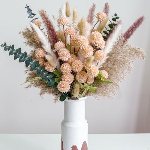 RoseTalk Simulation Flower Decor Luxury Faux Flower Arrangements – Realistic Artificial Flowers with Beige & White Peonies, Dried Pampas Grass, Bunny Tails & Eucalyptus - color: Beige