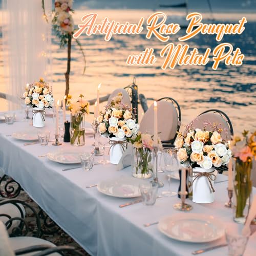 Domensi 6 Sets Wedding Centerpiece for Table Artificial Rose with Vase Fake Bouquets and Metal Pot Flower Arrangements for Bridal Shower Birthday Party Event Table Decor (Champagne) - color: Champagne