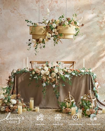 Ling's moment 9FT Spring Flower Garland for Backdrop Decorations - Wedding Arch Flowers, Eucalyptus & Rose, Artificial Floral Garland for Mantel - Sweetheart Table Decor for Reception, Beige Brown - color: Brn-beige & Brown