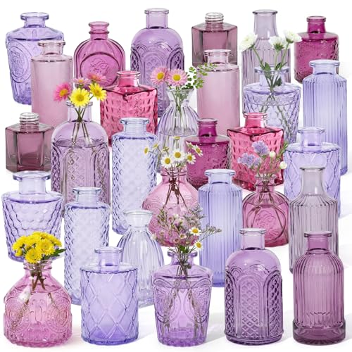Set of 30 Purple Colored Glass Bud Vases - Small Textured Flower Vases for Centerpieces, Wedding Table Decor, Retro Home Decor Bulk Vase Set for DIY, Events & Gifts - color: Purple