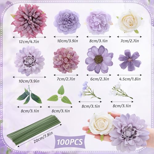 Janinka 100 Pcs Purple Assorted Fake Flower Heads with Long Stem Mini Artificial Flower Bulk Mix Silk Faux Daisy for Crafts Fake Peony Rose for DIY Wedding Party Wreath Home Decoration - color: Purple