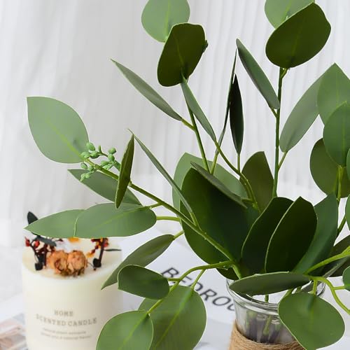 Artificial Eucalyptus Stems in Glass Vase with Faux Water for Table Centerpieces, Fake Eucalyptus Stems and Leaves Greenery in Vase for Home Office Decor