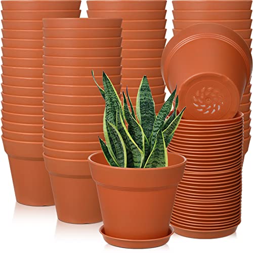 Mumufy 54 Pack 4 Inch Plant Pots Bulk Small Planter with Drainage Hole and Saucer Small Plastic Pots for Flowers Succulent Cactus and All House Indoor(Terracotta) - color: Terracotta