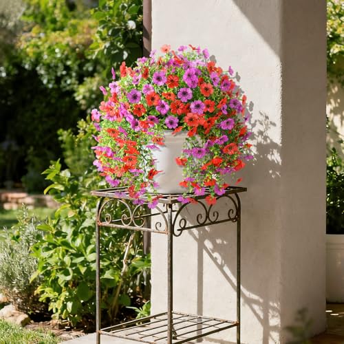 Homsunny Artificial Fake Hanging Flowers Plants for Outdoors 2 PCS Faux Silk Flower Outside UV Resistant No Fade Realistic Home Decor for Porch Patio Balcony Window Box Summer Decoration(Red Purple) - color: Red Purple