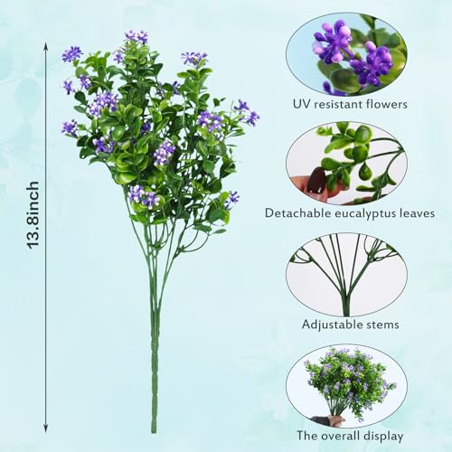 SJL Outdoor Artificial Flowers, UV Resistant Artificial Flowers with Greenery Leaves, Faux Flower Fake Eucalyptus Plants for Planter Garden Front Porch Patio Table Decoration 10Pcs(Purple) - color: Bundle Purple-plant