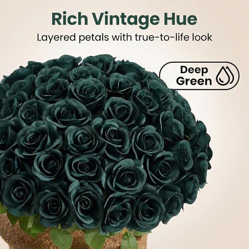55 Pcs Emerald Green Roses Artificial Flowers Bulk, Artificial Roses Fake Flowers with Adjustable Stems, Soft Foam Roses for DIY Wedding Bouquets, Bridal Shower Centerpieces, Home Party Decor - color: Emeraldgreen
