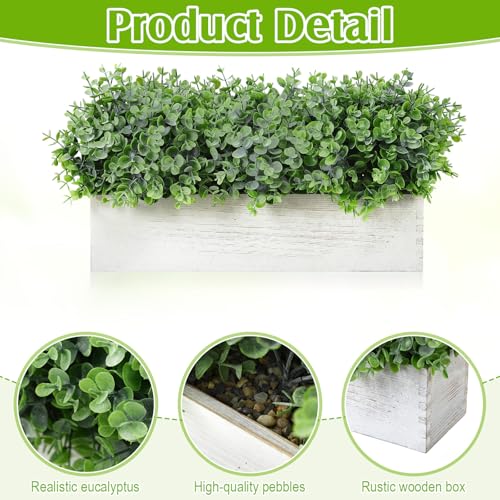 Lyrow 2 Pack Artificial Eucalyptus Plant in Rustic Rectangular Wooden Planter Box Greenery Faux Potted Herb Plant for Indoor Wedding Table Centerpiece (Green,16 x 3.7 x 8.7 Inches,Classic Style) - color: White, size: 16.1 Inch, style: White Powdered Round