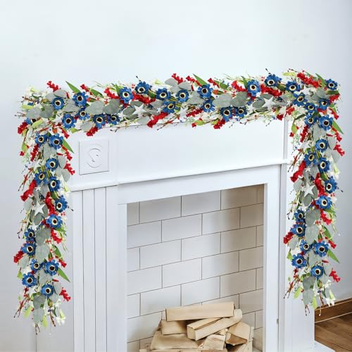 6.5Ft Patriotic Garland, Artificial Red White Blue Wildflower 4th of July Garland, Independence Day Memorial Day Hanging Floral Garland for Mantle Fireplace Porch Table Home Decor - color: Red White and Blue01