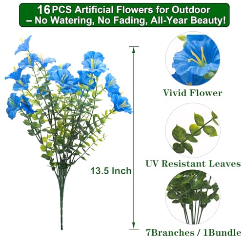 Grunyia UV Resistant Artificial Morning Glory Flowers - 16 Bundles Blue Faux Plastic Fake Plants with Eucalyptus for Outdoor Indoor Porch Patio Planter Window Box Garden Home Decor - color: Blue