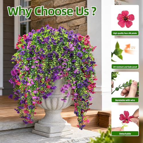 CLEANGOR 12Pcs Artificial Fake Hanging Flowers Plants for Outdoor (3 Color) | UV Resistant Artificial Outdoor Plant, Faux Silk Daisy with Eucalyptus Leaves, for Garden, Porch, Balcony, Yard Decor - color: Mix1(purple+rose Red+dark Purple)