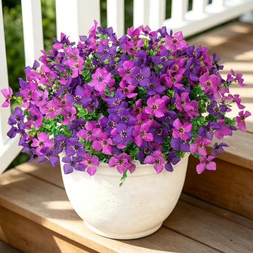 INXUGAO Artificial Faux Plants Flowers Outdoor Spring Summer Decoration, 12 Bundles Fake Silk Colorful Daisy Eucalyptus Realistic UV Resistant for Outside Home Planter Porch Patio Yard Decor (Purple) - color: Double Lotus B