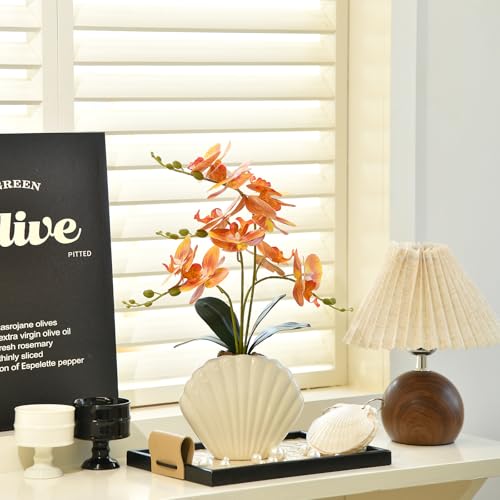 Artificial Phalaenopsis Orchid Plant in Seashell Pot, 16" Fake Orchid Flowers, Silk Faux Orchids for Home Decor, Office, Table Centerpiece, Real Touch Lifelike Indoor House Plant (Orange) - color: Orange