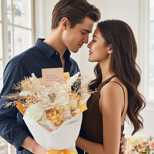 TINGE TIME Preserved Flowers Bouquet, Platinum Faux Rose Bouquets, Eternal Roses Bouquet for Wedding, Table Centerpieces, Mothers Day, Birthday Gifts, Anniversary, Graduation(White & Gold) - color: Platinum