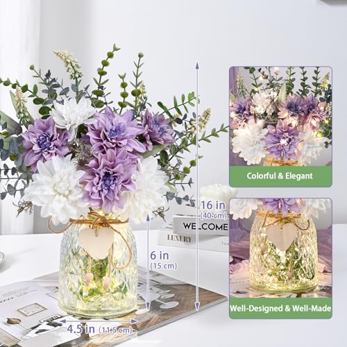MARTINE MALL Fake Flowers in Vase with Lights, Faux Flowers in Vase, Dahlia Artificial Flowers in Vase Centerpiece Table Decorations Artificial Flower Arrangement for Home Dining Room Farmhouse - color: Purple With Lights