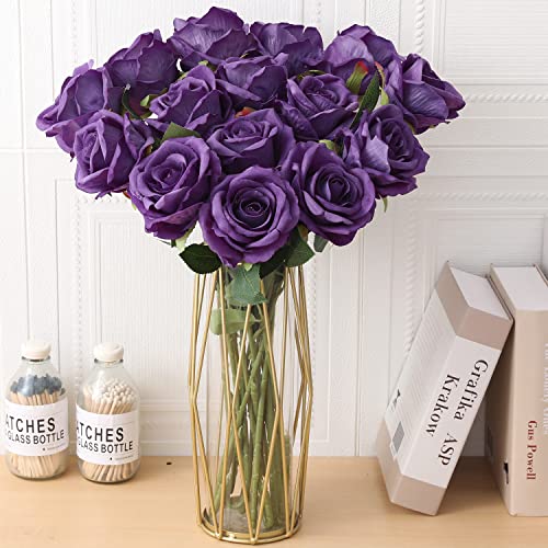 15Pcs Purple Roses Artificial Flowers Fake Roses Long Stem Velet Rose Silk Flowers for Home Wedding Decoration (Round Roses,Pure Purple) - color: Round Roses,pure Purple 15p