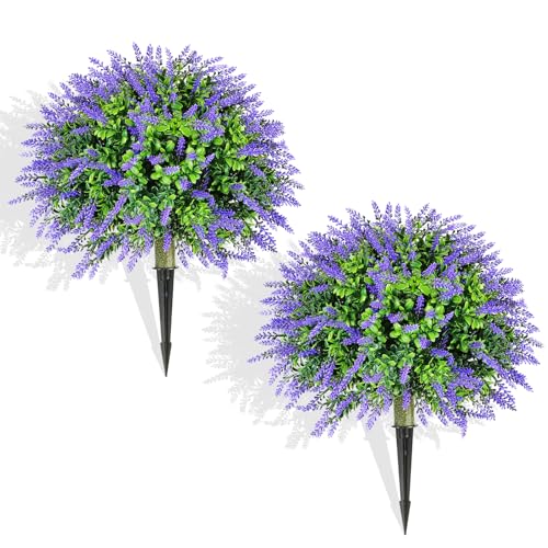 Set of 2 Artificial Christmas Boxwood Topiary Ball Shrubs, 20" UV-Resistant Faux Outdoor Plants with Ground Spikes — Realistic Purple and Green Decorative Bushes for Porch, Patio, Garden, Yard Décor - color: 2pcs 20in Lavender Boxwood