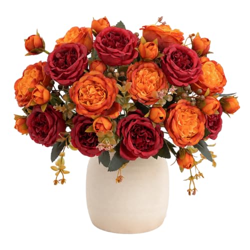 Artificial Peony Silk Flower Bouquet, Fake Burgundy Flowers Autumn Floral Arrangement for Wedding Party Table Centerpieces Home Kitchen Decor - color: Burgundy & Orange