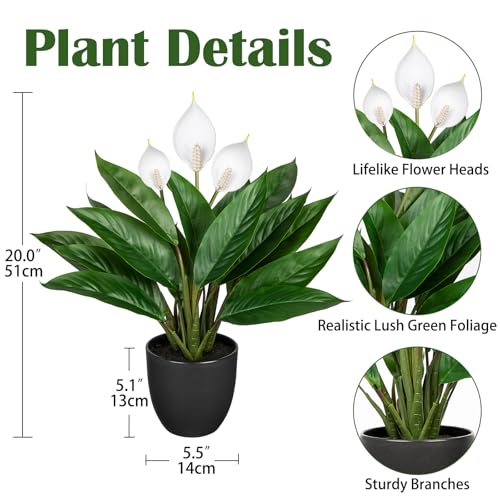 GnFlus Fake Plants 20'' Faux Plants Artificial Potted Plants Indoor Realistic White Anthurium Artificial Flowers, Fake Potted Plants for Home Office Farmhouse Kitchen Bathroom Table Shelf Decor - color: 20'' White