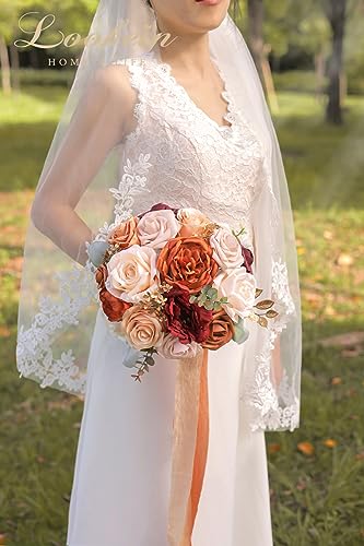 Lookein 10 Inch Wedding Bouquet for Bride Artificial Flowers Birdal Bouquet Bridesmaid Bouquet Tossing Bouquet for Wedding Ceremony Anniversary Bridal Shower, Chic Terracotta - color: 10" Chic Terracotta