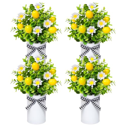 4 Pack Lemon Mason Jar Table Centerpiece, Artificial Lemon Home Centerpieces Fake Lemon Daisy Plants with Faux Leaves for Summer Wedding Farmhouse Office Kitchen Bathroom Dining Table Centerpiece