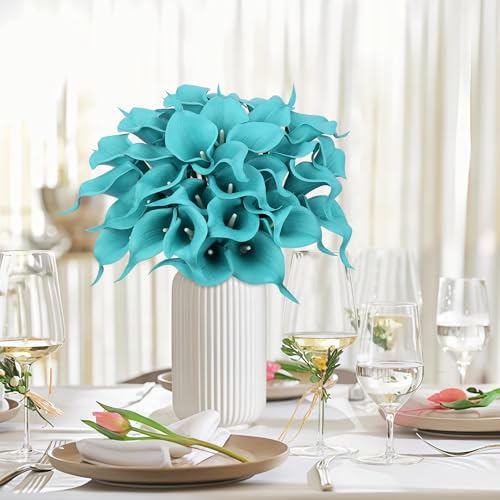 24 Pcs Teal Flowers Artificial Calla Lily Flower Fake Teal Silk Flowers Real Touch for Wedding Bouquet Home Kitchen Decor - color: Teal