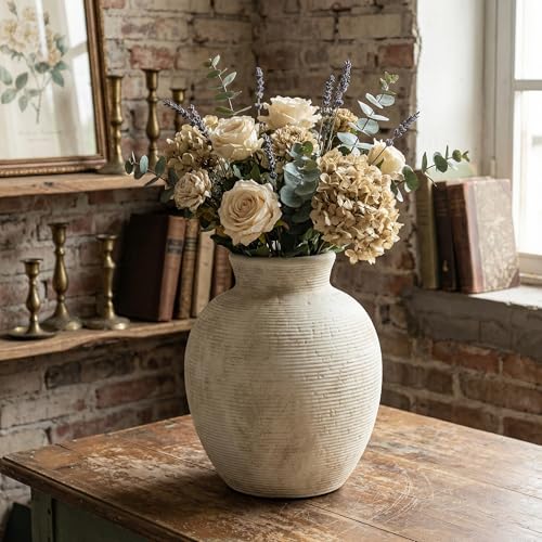 Ceramic Flower Vase, 7.4 Inch Vintage Large Vase for Living Room, Dining Room, Bathroom Indoor & Outdoor Home Decor - size: 7.41In