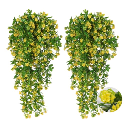 RECUTMS 2Pcs Artificial Hanging Flowers for Outdoor Decoration Fake Hanging Plants Faux Yellow Flowers Artificial UV Resistant Plastic Greenery Vines Ivy for Outdoor Indoor Garden Party Decor（Yellow） - color: Yellow-rose