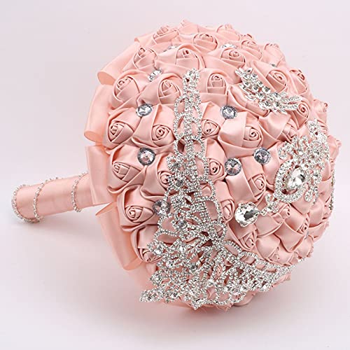 XINNI Handmade Bridal Wedding Bouquet Bride Bridesmaid Satin Rose Flower Bouquet with Drop-Shaped Rhinestone Wedding Decoration Champagne Pink - color: Champagne Pink