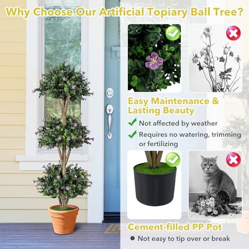 Goplus 51" Artificial Triple Ball Boxwood Topiary Tree, Faux Bush Plant with 59 Blossoms, Cement-Filled Plastic Pot, Sun-Resistant Indoor Outdoor Fake Greenery for Porch Home Decoration Housewarming - color: Purple
