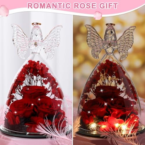 Mothers Day Rose Gifts for Women Preserved Real Flower in Glass Angel Figurines Roses for Delivery Prime Birthday Gifts for Mom Grandma Girlfriend Wife Her, Crystal Red - color: Crystal Red