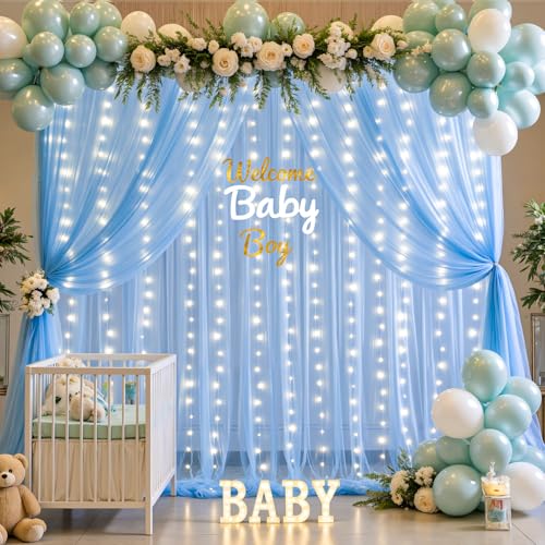 Baby Blue Backdrop Curtains with Lights String for Baby Shower Parties 2 Panels 5×10ft Sheer Tulle Backdrop Curtain Panels for Birthday Party Bridal Shower Photo Shoot Background Wall Decorations - color: Baby Blue, size: 10 ft X 10 ft(2 Panels 5ft X 10ft