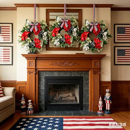 6 Pcs Small 4th of July Hanging Wreaths for Cabinets with Red Flowers White Blossoms Blue Berries American Flag Bow Mini Independence Day Candle Rings Wreath for Home Kitchen Front Door Window Porch - color: Patriotic-12