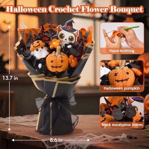 Alecono Crochet Flower Bouquet, Halloween Knitted Flowers, Black Handmade Pumpkin Bouquet of Flowers for Kids Baby Festival Gifts (Include Card) - color: Halloween