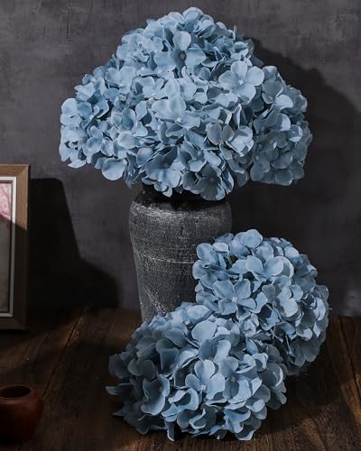 DuHouse Silk Hydrangea Artificial Flower Heads with Stems Fake Hydrangeas Flowers for DIY Wedding Centerpiece Home Decor,Pack of 6 (Dusty Blue) - color: Dusty Blue