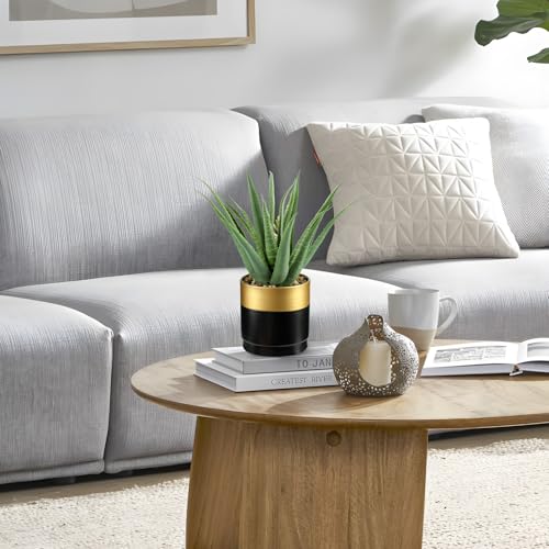 Briful Succulents Artificial Plants Realistic Agave Plant, Gold Black Metal Pot, Farmhouse Aloe Vera Fake Plants for Home Office Desk Bathroom Shelf Decorations - color: Green Agave Gold Black Vase