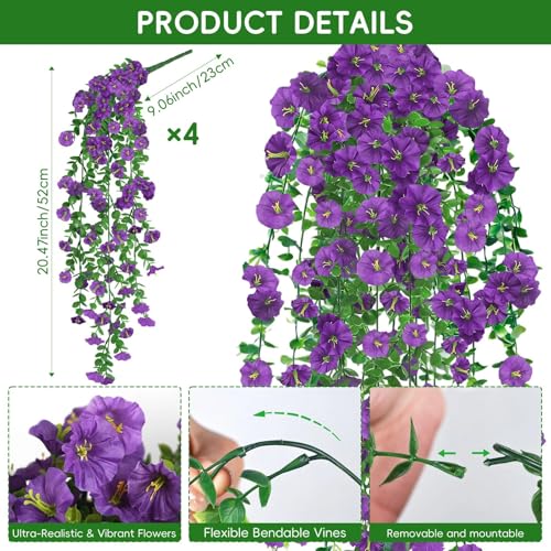 Artificial Hanging Flowers for Outdoors, 4Pcs UV Resistant Artificial Hanging Morning Glory Flowers, Spring Realistic Faux Outdoor Flower for Porch Patio Yard Garden Farmhouse Decor (Purple) - color: Purple