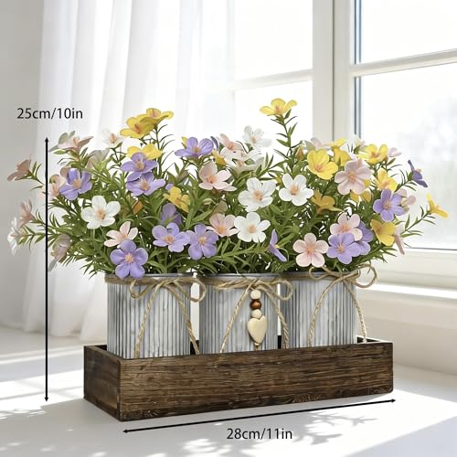 Artificial Gypsophila Baby's Breath, Rustic Table Centerpieces Home Decor for Dining Room, Farmhouse Wood Planter Box with 3 Galvanized Metal Pots Decorative Table Centerpiece - style: Milan Flowers