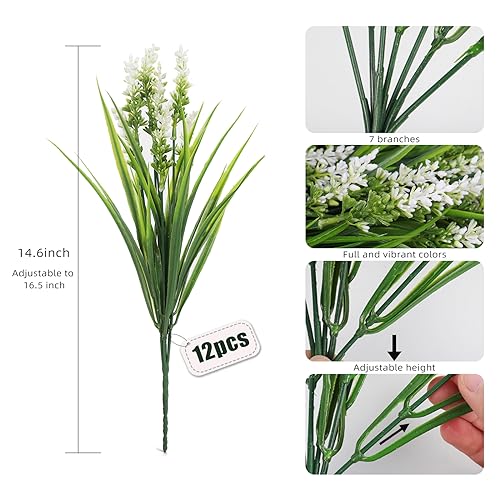 RECUTMS 12Pcs Artificial Plants & Flowers for Outside Outdoor Artificial Flowers Fake Outdoor Plants Faux UV Resistant Flower Plastic Shrubs Indoor Outside Hanging Decorations(White) - color: White