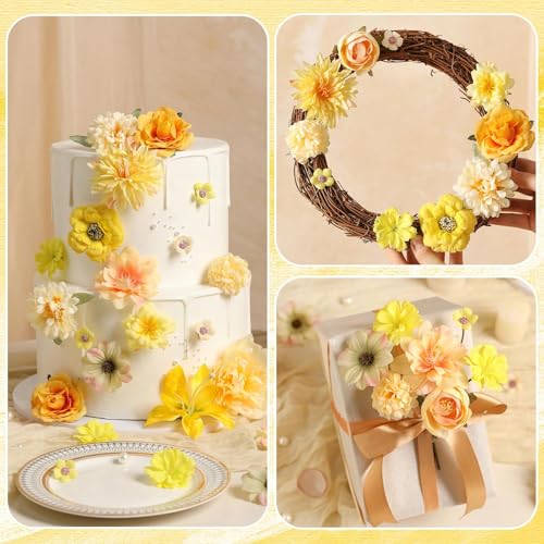 Artificial Flower Heads Combo - 48pcs Yellow Silk Flowers Bulk Faux Rose for Wedding Decor, Bridal Bouquets, Graduation Parties, Cake Toppers & Home DIY Crafts - color: Yellow 1