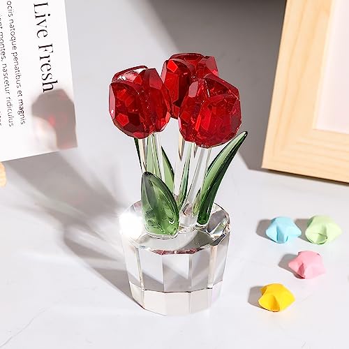 Qianwei Crystal Tulips Flowers Figurine Red with Vase - Glass Flower Bouquet Collectible Figurines Crystal Office Home Decor Paperweight - Tulip Gifts for Women Mom Bestfriend Wedding Anniversary - color: Red Tulip