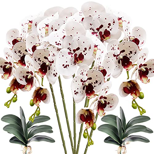 HinyoCo 5 Pcs Artificial Orchid Flowers and 4 Bundles Leaves, Artificial Phalaenopsis Flowers 32 Inch Stem Plants for Home Wedding Decoration (White with Spots) - color: White With Spots