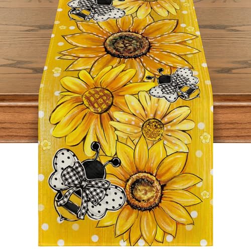 Artoid Mode Yellow Sunflower Bee Flower Polka Dot Summer Table Runner, Seasonal Kitchen Dining Table Decoration for Indoor Party Home 13x72 Inch - color: Yellow, size: 13" x 72", Table Runner