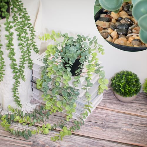 LOYWREE Fake Hanging Eucalyptus Plants Small Potted Long Vine Plants Indoor for Vintage Boho Farmhouse Bathroom Office Desk Wall Shelf Room Aesthetic Decor (Black Pot) - color: Eucalyptus, size: 1Pack