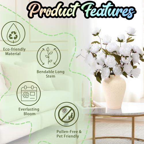 ucky 6 Pcs White Artificial Peonies Silk Flowers, 27.6" Long Stem Fake Peonies with Wood-Textured Bendable Branch, Life-Like Texture Large Peony Blooms for Tall Floor Vase, Wedding, Home Office Decor - color: Cjy White