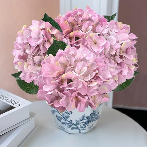 3PCS Pink Silk Hydrangea Artificial Flowers，Fake Flowers & Faux Floral Bulk Bouquet for Home Decor Bathroom Table Centerpiece Shelf Decorations (Pink) - color: Pink